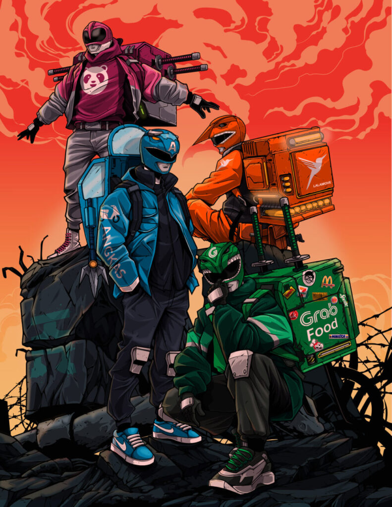 タイの街を走るあの宅配ライダーが戦隊モノにデフォルメされた姿がかっこいいぞ！